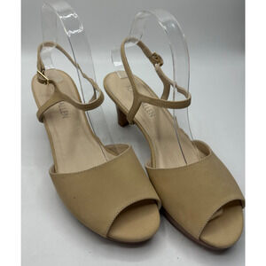 Adrian Allen Tan Leather Heel Size 8.5 Peeptoe Strap Back Heel Buckle